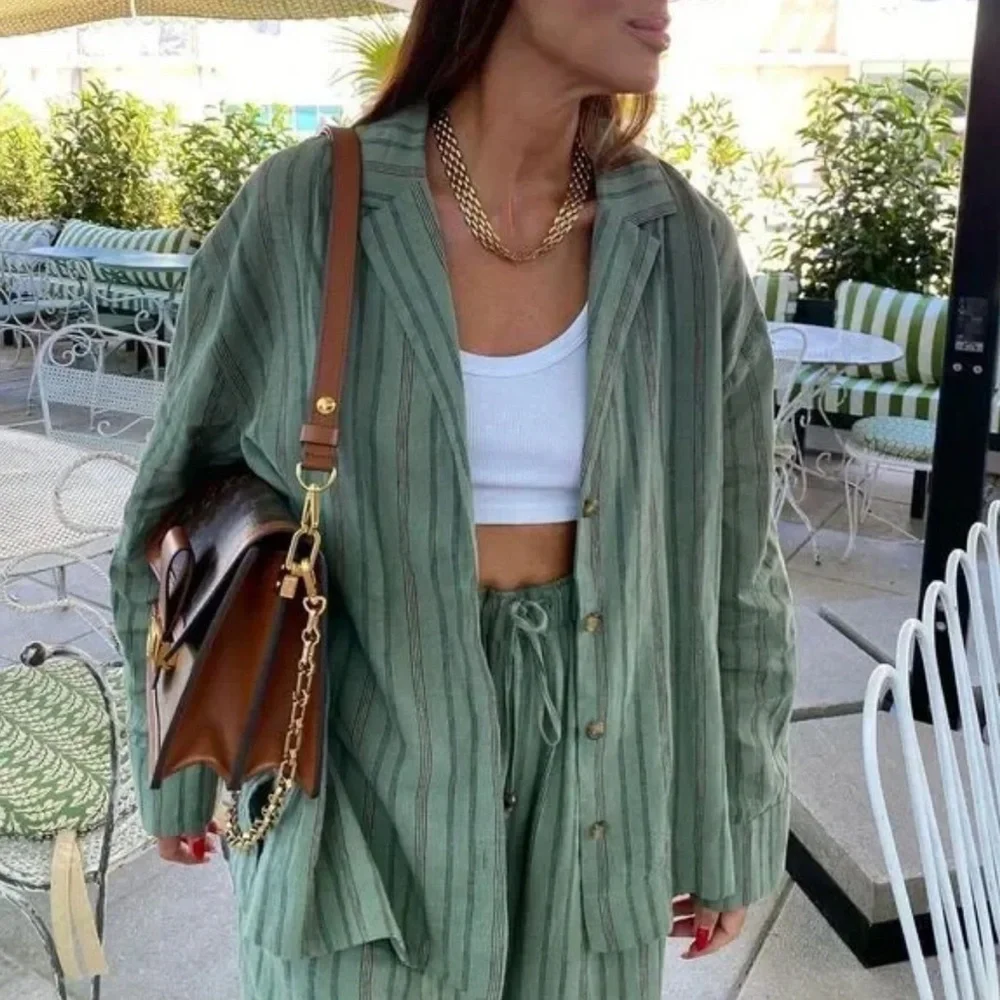 Zara Striped Linen & Cotton Blend Long Pants Bottom Size M NWOT - Picture 2 of 16